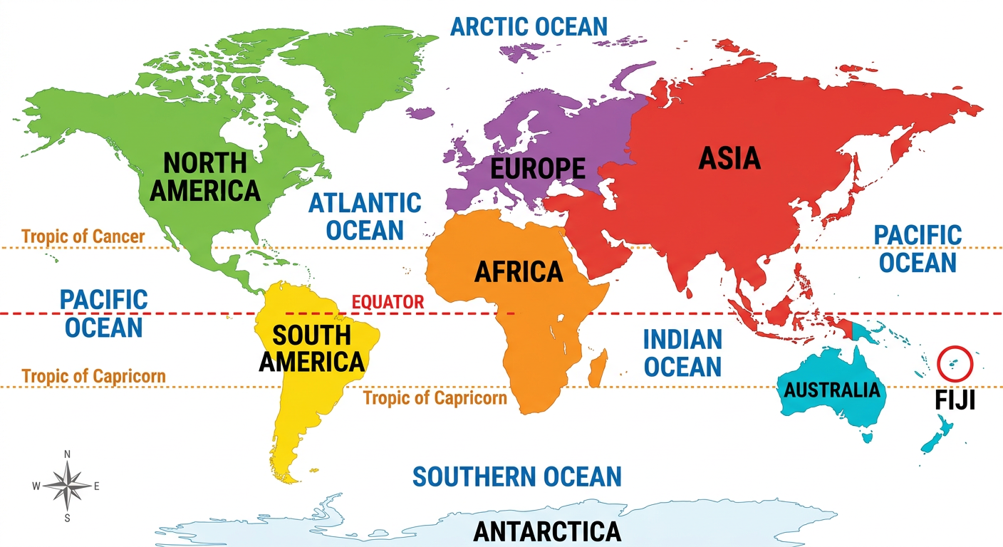 Colourful labelled world map